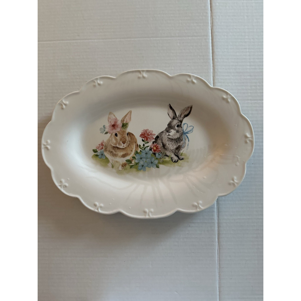 Grace Teaware Easter Bunny Oval Serving Bowl NWOT Floral Rabbit Dish